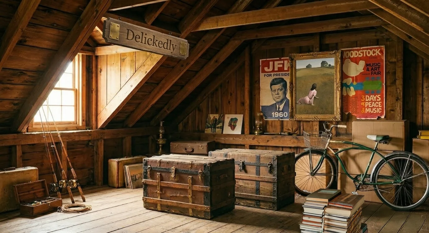 An attic filled with vintage posters, framed artwork, steamer trunks, rare books and collectable objects.
